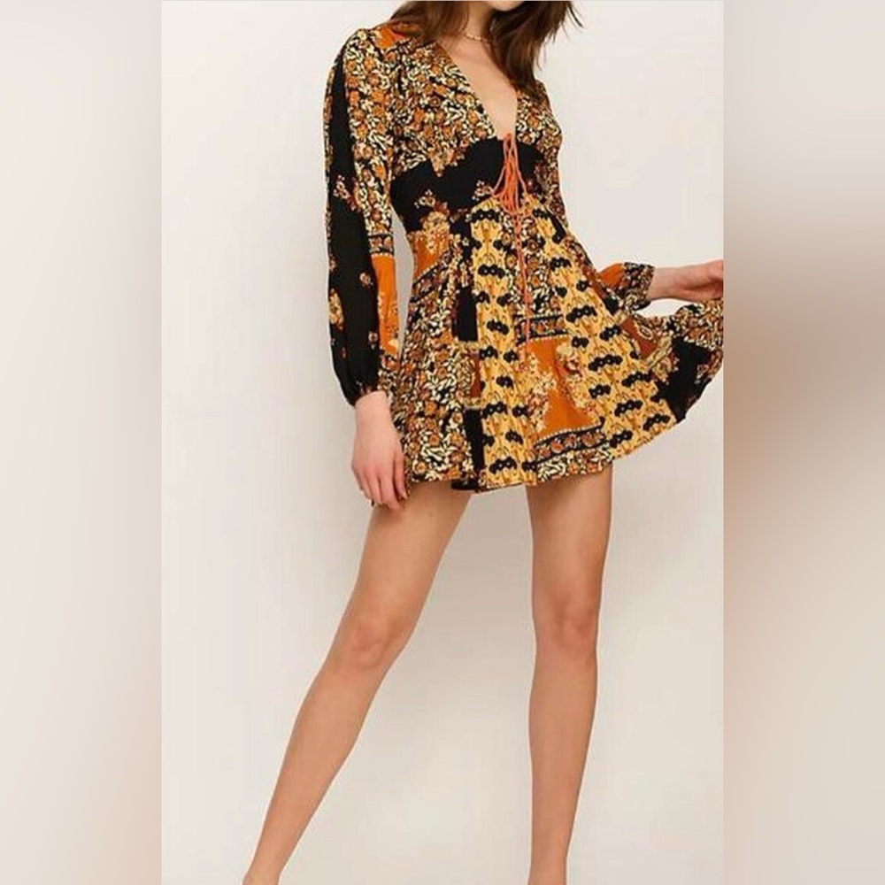 Free People Mixin It Up Boho Black and Orange Long Sleeve Dress